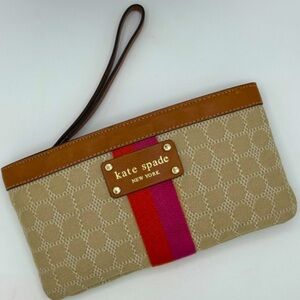 Rare Kate Spade Geo Print Brown Red Pink Canvas Leather Pouch Wristlet Wallet